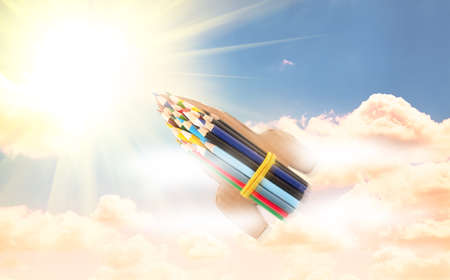 Rocket from pencil flying in the sky with place for text. Back to school. Education conceptの写真素材