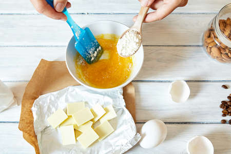 broken eggs on the table. cooking process in the kitchen
