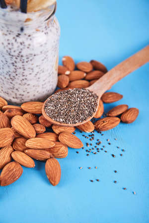 chia seeds with fruits on table. Food backgroundの写真素材