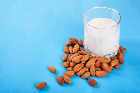 Almond milk close up with space for text. Food backgroundの写真素材