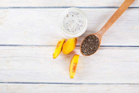 chia seeds with fruits on table. Food backgroundの写真素材