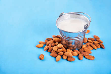 Almond milk close up with space for text. Food background