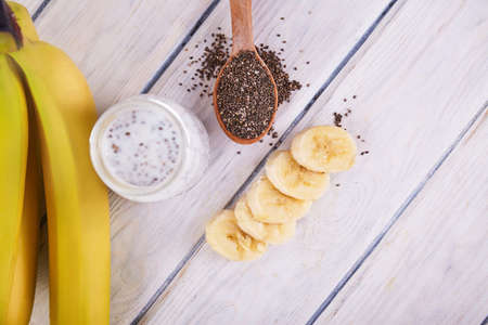 chia seeds with fruits on table. Food backgroundの写真素材