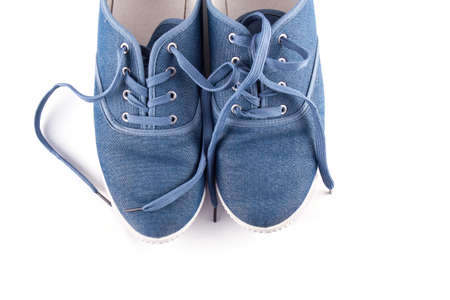 Male Blue and White Shoes Leather on White Background, Isolated Product, Top View, Studio.