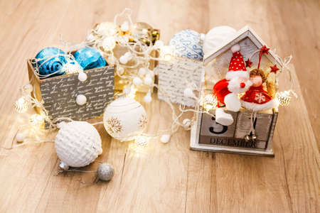 Christmas border of ornaments isolated on a white background. Happy new year