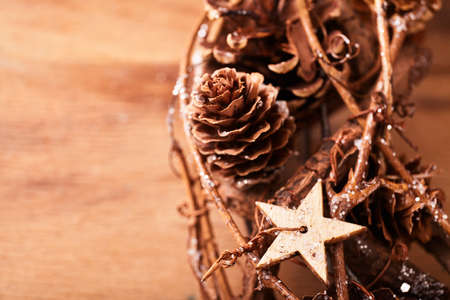 Christmas wreath on wooden background - Top view - Imageの写真素材