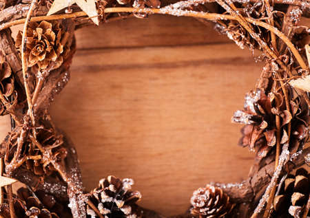 Christmas wreath on wooden background - Top view - Imageの写真素材