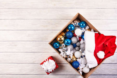 Christmas ball in box. Preparation for the holiday. Christmas backgroundの写真素材