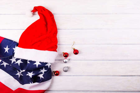Santa hat with american flag. Christmas background with place for textの写真素材