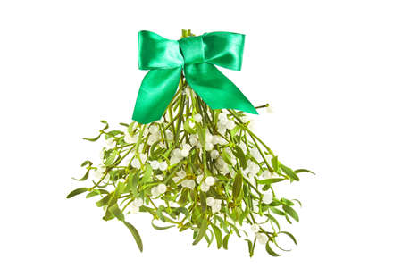 Broom from green mistletoe on wood desk. Nature background. Christmas plantの写真素材