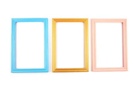 Set of colorful wooden frames. Wooden square picture frames of colorful set for your web design. Abstract colorful picture frames on vintage backgroundの写真素材