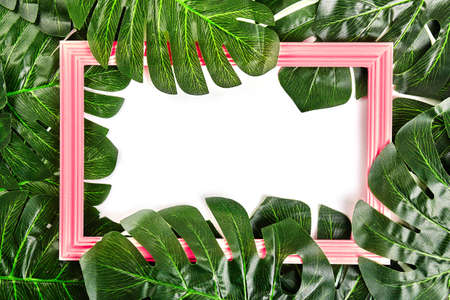 Creative layout made of tropical leaves with vintage frame. Flat lay. Nature conceptの写真素材