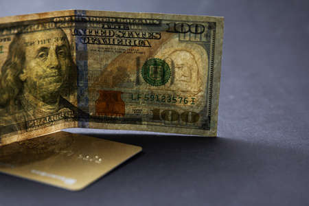 Pile of new design US dollar bills as background. Top view point.の写真素材