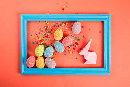 Colorful eggs with frame. Happy easter day. Creative background