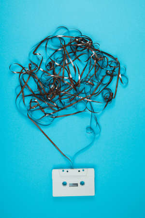 retro white audio cassette tape on color background. Creative layout.の写真素材