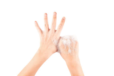 close up foam in two hand isolated on white background