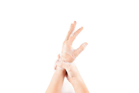 close up foam in two hand isolated on white background