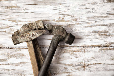 construction tools on wooden background with space for copy. Hammer, screwdriver, wrenchの写真素材