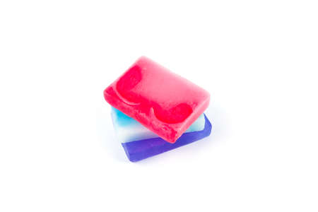 Hand made soap bars on white background, top view. Mockup for designの写真素材