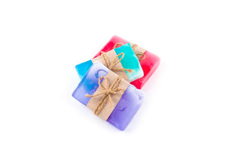 Hand made soap bars on white background, top view. Mockup for designの写真素材