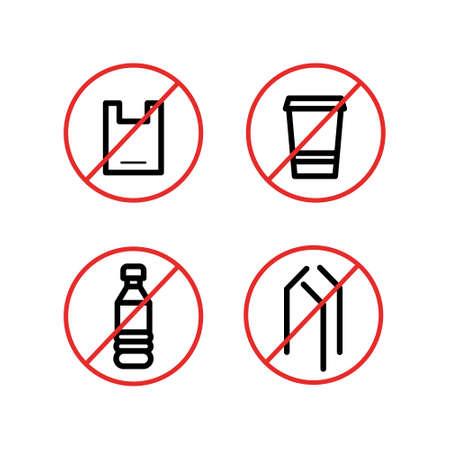 Set of no plastics sign. Save the earth and good environment concept. Simple design, stroke outline style. Line vector.のイラスト素材