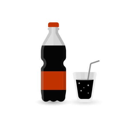 Bottle of soda and cup. Cola in plastic tarre. Vector illustration flat design. Isolated on white background. Fast food drink symbol.のイラスト素材