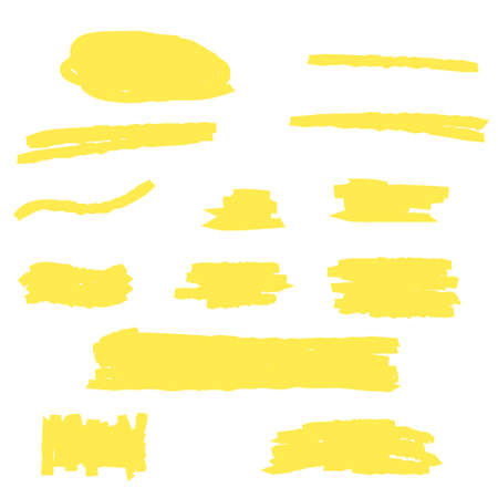 Highlight Marker yellow line, color stroke, brush pen hand drawn underline. Abstract permanent marker line, pencil texture paint drawn set. Vectorのイラスト素材