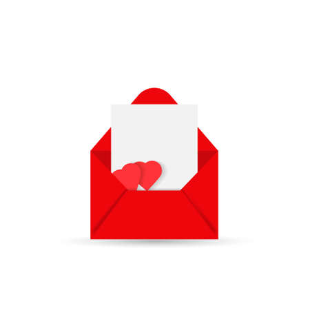 Red envelope with message note on white background, decorated with themed red confetti in the shape of heart. Valentine's day concept. Vectorのイラスト素材