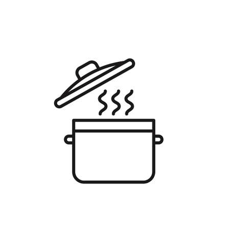 Recipe for casserole. Saucepan with steam. Cute kitchenware. Open pan lid. Hot boiling soup. Vectorのイラスト素材