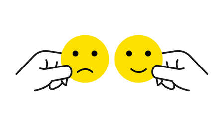 Hand is selecting a happy mood smiley. Vector illustrationのイラスト素材
