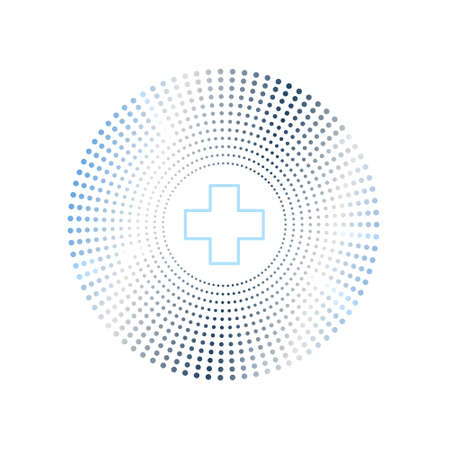 Blue line Cross hospital medical icon isolated on white background. First aid. Diagnostics symbol. Medicine and pharmacy sign. Abstract circle random dots. Vector Illustrationのイラスト素材
