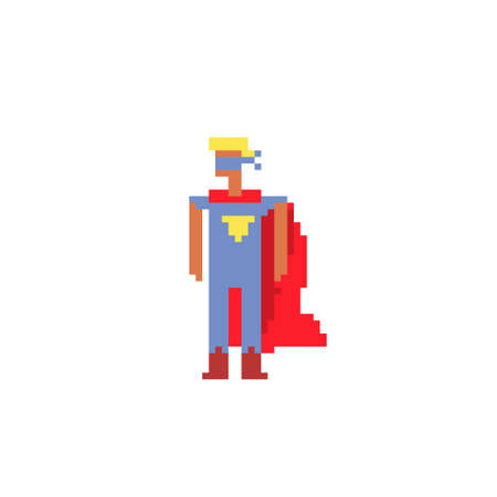 Flying superhero character pixel art flat style. Man in a raincoat. 8-bit. Embroidery design. Isolated vector illustration.のイラスト素材