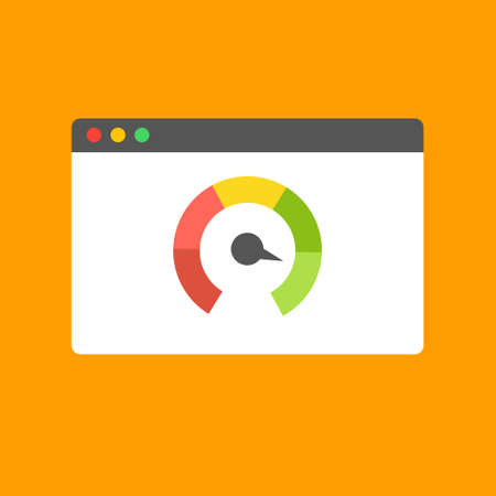 Web browser with speedometer test showing fast good page loading speed time. Vector illustration.のイラスト素材