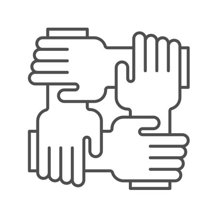 Teamwork thin line icon with gradient: four hands holding together for wrist. Modern vector...