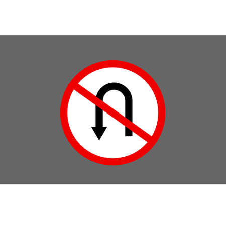 Circular single white, red and black no u-turn sign with bolts at top and bottom over isolated backgroundのイラスト素材