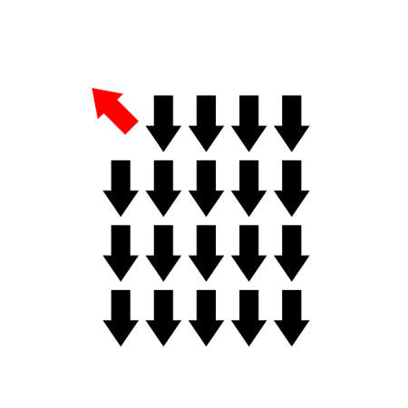 Think different One red arrow going to the bright light away from other down arrow directions on whiteのイラスト素材