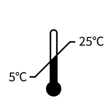 Storage temperature range symbol. Black thermometer icon with diagonal line and degrees sign value.のイラスト素材