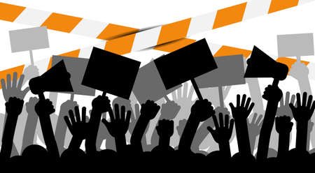Political protest with silhouette protesters hands holding megaphone. Strike, revolution, conflict vector background.のイラスト素材