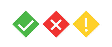 Check mark green, yellow exclamation sign and red wrong mark. Vector romb iconのイラスト素材