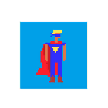 Flying superhero character pixel art flat style. Man in a raincoat. 8-bit. Vectorのイラスト素材