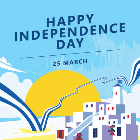 Greek independence day. National holiday vector illustration. Greece wavy long flag. Santorini's unique building and beach. Sunrises in beach scenery.のイラスト素材
