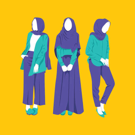 Bundle of Muslim girl wearing hijab. Set of fashionable Muslim outfits. Muslim girl character vector illustrationのイラスト素材