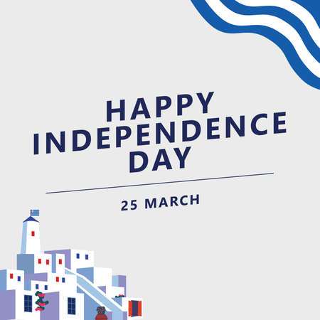 Greek independence day poster and banner with Greece flag and Santorini scenery. Greek independence day vector design. Poster, card, banner, and background.のイラスト素材