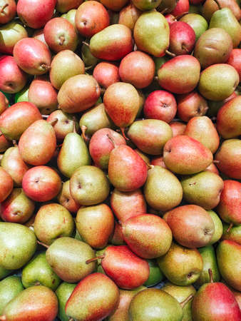 Large pile of ripe pears on market counter. Food background. Pear harvest concept.