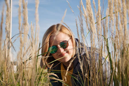 Portrait of attractive woman in sunglasses in field full of dry yellow stemsの写真素材
