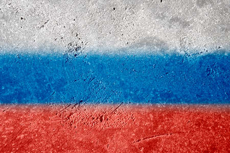 Russian national flag graffiti on detailed plastering wall. White, blue and red colored texture.の写真素材