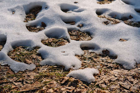 Melting snow on the fields in early spring. Natural spring background.の写真素材