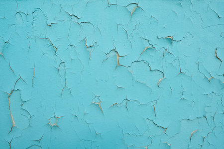 Old wall with peeling blue paint. Cement wall exterior background with blue paint peeling.の写真素材