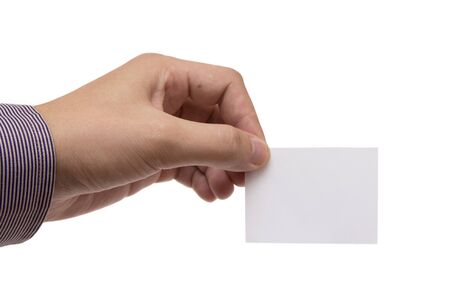 Man s hand holding a white business card の写真素材