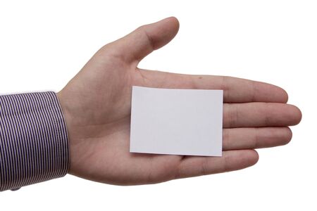 Man s hand holding a white business card の写真素材